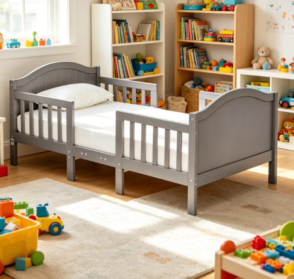 Steel Grey 3 in 1 Convertible Toddler Bed, Pinewood